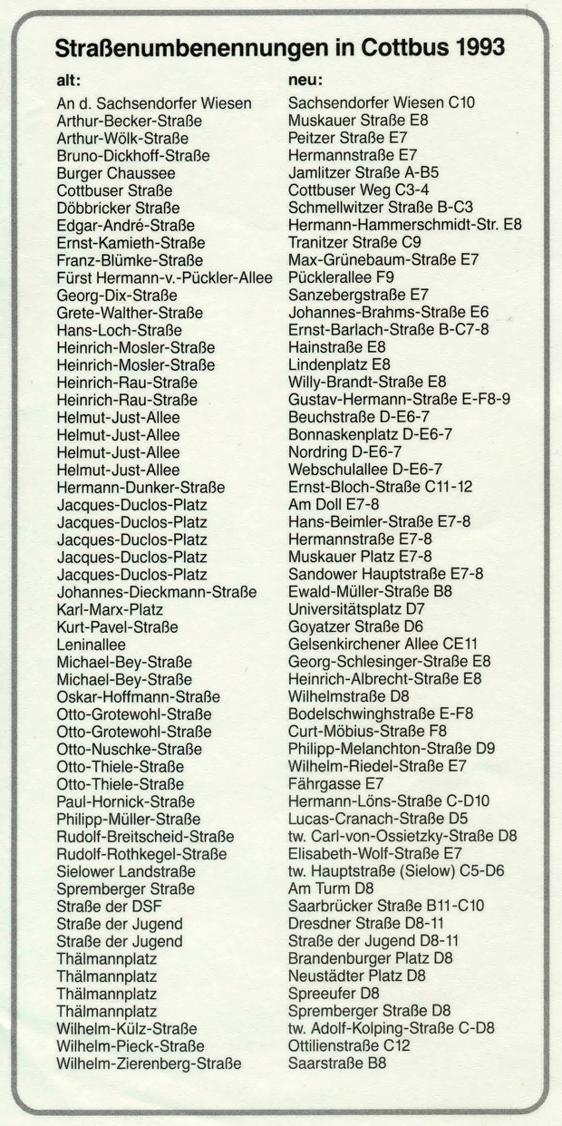 1993 - Cottbus, Straßenumbenennungen